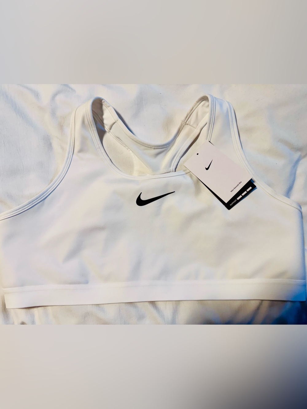 Nike White Racerback Sports Bra with Black Swoosh